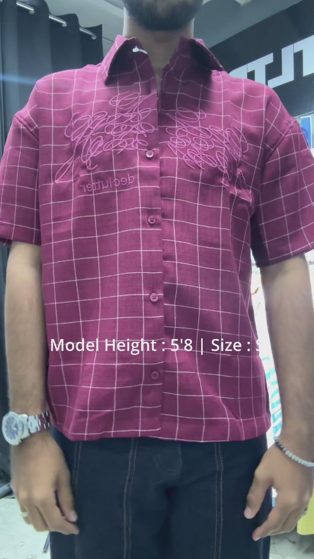 Video of the PVTLTD* Merlot Shirt showing the wine check and tonal embroidery